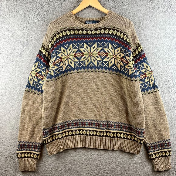 Polo Ralph Lauren Sweater Mens XL Beige Snowflake Nordic Knit Pullover